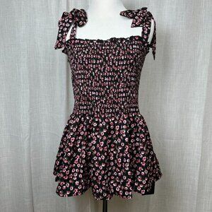 Ditsy Floral Peplum Tie Strap Tank Top XL Fairy Grunge Dark Coquette Smocked